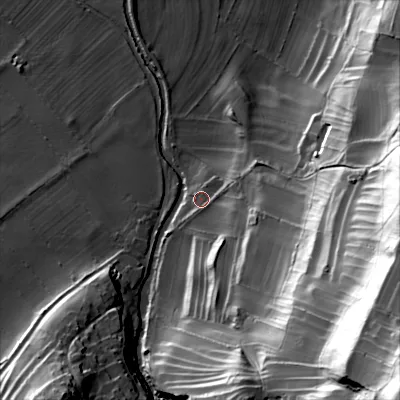 Shaded relief map of the ground around DL84JT, computed from Environment Agency LiDAR. The ground here sits at about 156 m above sea level and falls 101 m across the surrounding 800 m. Surface water reaching this point runs off ground lying to the south-east, 76.2 m higher.