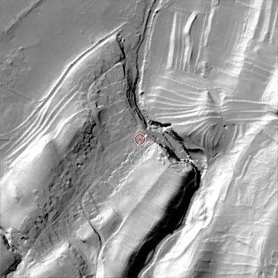 Shaded relief map of the ground around DL84JW, computed from Environment Agency LiDAR. The ground here sits at about 170 m above sea level and falls 97 m across the surrounding 800 m. Surface water reaching this point runs off ground lying to the south-east, 30.3 m higher.