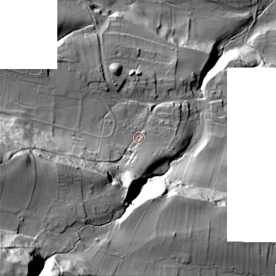 Shaded relief map of the ground around DL84LZ, computed from Environment Agency LiDAR. The ground here sits at about 200 m above sea level and falls 120 m across the surrounding 800 m. Surface water reaching this point runs off ground lying to the south-west, 76.7 m higher.