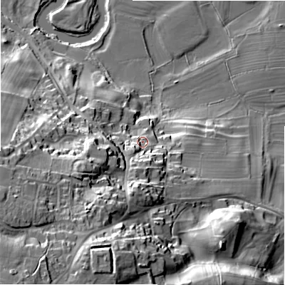 Shaded relief map of the ground around DL84PJ, computed from Environment Agency LiDAR. The ground here sits at about 114 m above sea level and falls 54 m across the surrounding 800 m. Surface water reaching this point runs off ground lying to the south-south-west, 26.0 m higher.