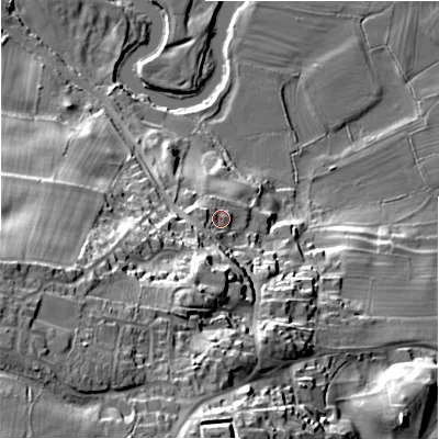 Shaded relief map of the ground around DL84PL, computed from Environment Agency LiDAR. The ground here sits at about 114 m above sea level and falls 54 m across the surrounding 800 m. Surface water reaching this point runs off ground lying to the south-south-west, 14.0 m higher.
