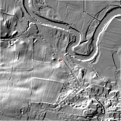 Shaded relief map of the ground around DL84PR, computed from Environment Agency LiDAR. The ground here sits at about 105 m above sea level and falls 53 m across the surrounding 800 m. Surface water reaching this point runs off ground lying to the south-west, 49.4 m higher.