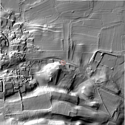 Shaded relief map of the ground around DL84PT, computed from Environment Agency LiDAR. The ground here sits at about 115 m above sea level and falls 57 m across the surrounding 800 m. Surface water reaching this point runs off ground lying to the south-west, 44.7 m higher.