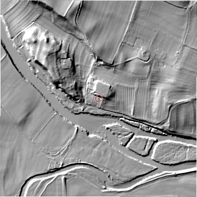Shaded relief map of the ground around DL84PU, computed from Environment Agency LiDAR. The ground here sits at about 103 m above sea level and falls 24 m across the surrounding 800 m. Surface water reaching this point runs off ground lying to the north-east, 4.9 m higher.