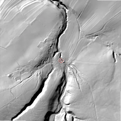 Shaded relief map of the ground around DL84RT, computed from Environment Agency LiDAR. The ground here sits at about 246 m above sea level and falls 102 m across the surrounding 800 m. Surface water reaching this point runs off ground lying to the south-east, 59.4 m higher.