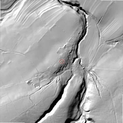 Shaded relief map of the ground around DL84RU, computed from Environment Agency LiDAR. The ground here sits at about 255 m above sea level and falls 96 m across the surrounding 800 m. Surface water reaching this point runs off ground lying to the south-west, 3.7 m higher.