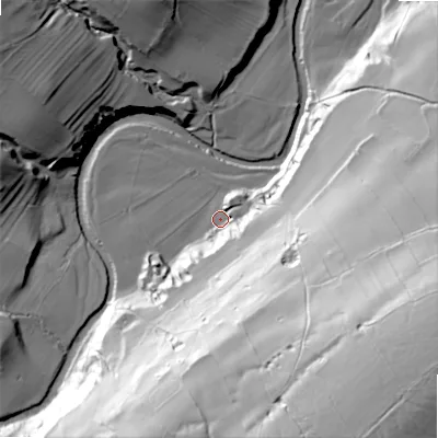 Shaded relief map of the ground around DL84RY, computed from Environment Agency LiDAR. The ground here sits at about 205 m above sea level and falls 93 m across the surrounding 800 m. Surface water reaching this point runs off ground lying to the south-east, 85.9 m higher.