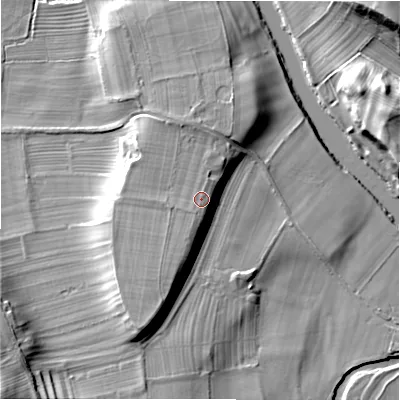 Shaded relief map of the ground around DL84SG, computed from Environment Agency LiDAR. The ground here sits at about 109 m above sea level and falls 26 m across the surrounding 800 m. Surface water reaching this point runs off ground lying to the south-south-west, 4.4 m higher.