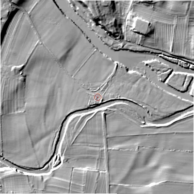 Shaded relief map of the ground around DL84SQ, computed from Environment Agency LiDAR. The ground here sits at about 101 m above sea level and falls 19 m across the surrounding 800 m. Surface water reaching this point runs off ground lying to the south-west, 1.8 m higher.