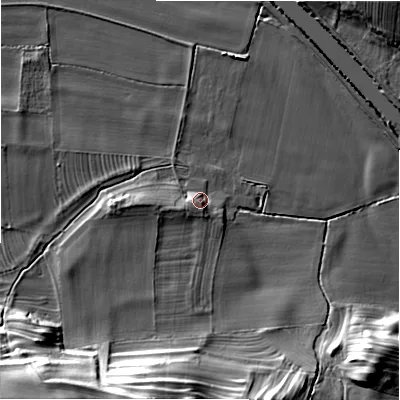 Shaded relief map of the ground around DL84SR, computed from Environment Agency LiDAR. The ground here sits at about 99 m above sea level and falls 25 m across the surrounding 800 m. Surface water reaching this point runs off ground lying to the west-south-west, 3.4 m higher.