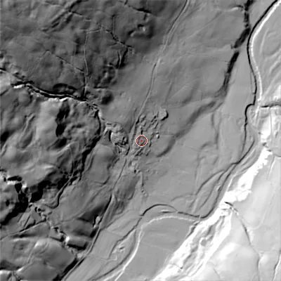 Shaded relief map of the ground around DL84TS, computed from Environment Agency LiDAR. The ground here sits at about 250 m above sea level and falls 125 m across the surrounding 800 m. Surface water reaching this point runs off ground lying to the north-west, 15.1 m higher.