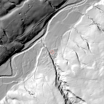Shaded relief map of the ground around DL84TU, computed from Environment Agency LiDAR. The ground here sits at about 252 m above sea level and falls 103 m across the surrounding 800 m. Surface water reaching this point runs off ground lying to the south-east, 90.2 m higher.
