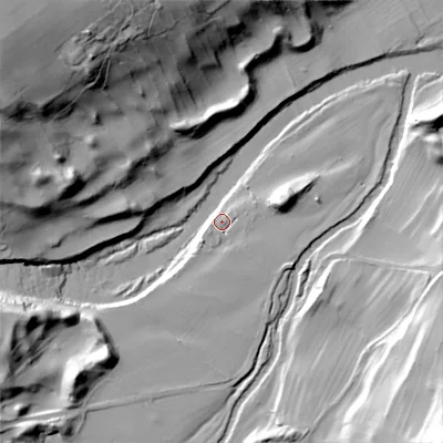Shaded relief map of the ground around DL84UN, computed from Environment Agency LiDAR. The ground here sits at about 143 m above sea level and falls 57 m across the surrounding 800 m. Surface water reaching this point runs off ground lying to the south-west, 7.0 m higher.