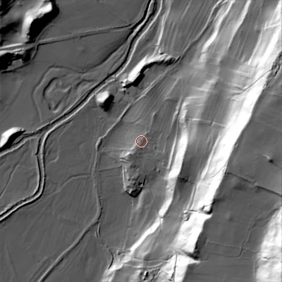 Shaded relief map of the ground around DL84UW, computed from Environment Agency LiDAR. The ground here sits at about 148 m above sea level and falls 77 m across the surrounding 800 m. Surface water reaching this point runs off ground lying to the east-south-east, 16.6 m higher.