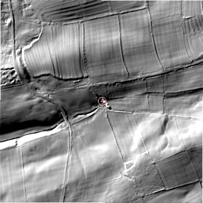 Shaded relief map of the ground around DL85FA, computed from Environment Agency LiDAR. The ground here sits at about 207 m above sea level and falls 32 m across the surrounding 800 m. Surface water reaching this point runs off ground lying to the south-west, 24.6 m higher.