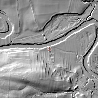 Shaded relief map of the ground around DL85HE, computed from Environment Agency LiDAR. The ground here sits at about 103 m above sea level and falls 33 m across the surrounding 800 m. Surface water reaching this point runs off ground lying to the south-south-west, 27.7 m higher.