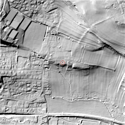 Shaded relief map of the ground around DL85HL, computed from Environment Agency LiDAR. The ground here sits at about 185 m above sea level and falls 41 m across the surrounding 800 m. Surface water reaching this point runs off ground lying to the north-north-east, 27.6 m higher.