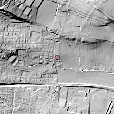 Shaded relief map of the ground around DL85HT, computed from Environment Agency LiDAR. The ground here sits at about 178 m above sea level and falls 44 m across the surrounding 800 m. Surface water reaching this point runs off ground lying to the north-west, 29.5 m higher.