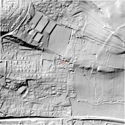 Shaded relief map of the ground around DL85HZ, computed from Environment Agency LiDAR. The ground here sits at about 183 m above sea level and falls 48 m across the surrounding 800 m. Surface water reaching this point runs off ground lying to the north-west, 24.7 m higher.