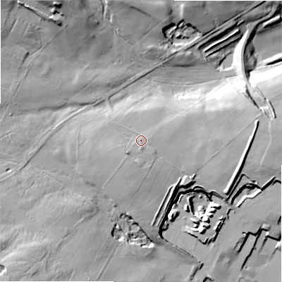 Shaded relief map of the ground around DL85JX, computed from Environment Agency LiDAR. The ground here sits at about 270 m above sea level and falls 37 m across the surrounding 800 m. Surface water reaching this point runs off ground lying to the south-west, 5.2 m higher.
