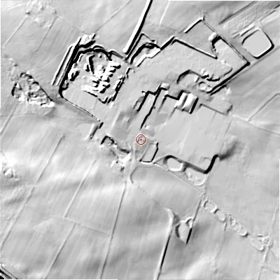 Shaded relief map of the ground around DL85JZ, computed from Environment Agency LiDAR. The ground here sits at about 255 m above sea level and falls 42 m across the surrounding 800 m. Surface water reaching this point runs off ground lying to the west-north-west, 2.8 m higher.