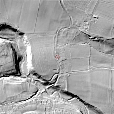 Shaded relief map of the ground around DL85LN, computed from Environment Agency LiDAR. The ground here sits at about 123 m above sea level and falls 43 m across the surrounding 800 m. Surface water reaching this point runs off ground lying to the north-west, 1.7 m higher.