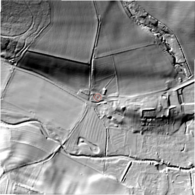 Shaded relief map of the ground around DL85LY, computed from Environment Agency LiDAR. The ground here sits at about 72 m above sea level and falls 44 m across the surrounding 800 m. Surface water reaching this point runs off ground lying to the north, 21.0 m higher.