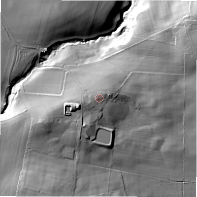 Shaded relief map of the ground around DL85NE, computed from Environment Agency LiDAR. The ground here sits at about 139 m above sea level and falls 44 m across the surrounding 800 m. Surface water reaching this point runs off ground lying to the west-south-west, 1.9 m higher.