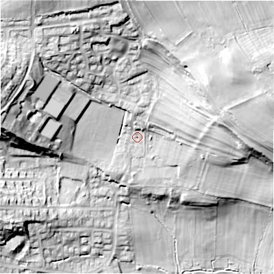 Shaded relief map of the ground around DL85NN, computed from Environment Agency LiDAR. The ground here sits at about 188 m above sea level and falls 44 m across the surrounding 800 m. Surface water reaching this point runs off ground lying to the north, 25.6 m higher.