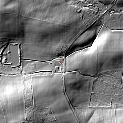 Shaded relief map of the ground around DL85NQ, computed from Environment Agency LiDAR. The ground here sits at about 159 m above sea level and falls 33 m across the surrounding 800 m. Surface water reaching this point runs off ground lying to the south-south-west, 22.0 m higher.
