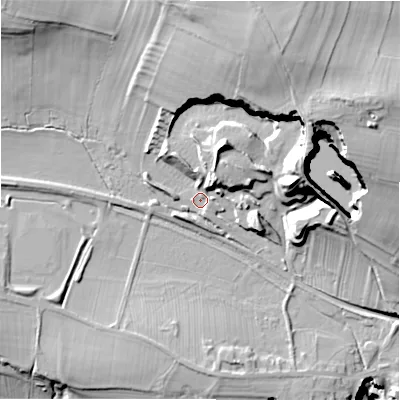Shaded relief map of the ground around DL85NX, computed from Environment Agency LiDAR. The ground here sits at about 170 m above sea level and falls 51 m across the surrounding 800 m. Surface water reaching this point runs off ground lying to the north-north-east, 9.6 m higher.