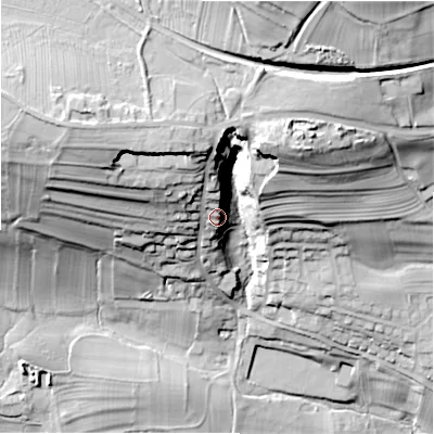 Shaded relief map of the ground around DL85PE, computed from Environment Agency LiDAR. The ground here sits at about 154 m above sea level and falls 61 m across the surrounding 800 m. Surface water reaching this point runs off ground lying to the north-north-west, 17.1 m higher.
