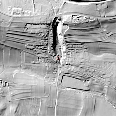 Shaded relief map of the ground around DL85PG, computed from Environment Agency LiDAR. The ground here sits at about 137 m above sea level and falls 60 m across the surrounding 800 m. Surface water reaching this point runs off ground lying to the north-west, 39.8 m higher.