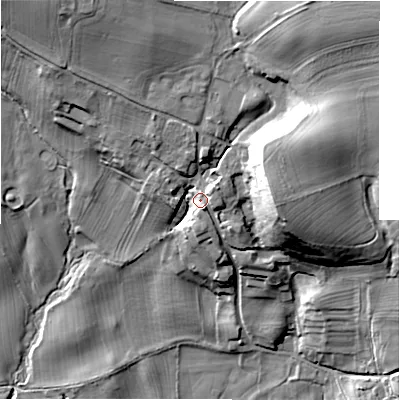 Shaded relief map of the ground around DL85PR, computed from Environment Agency LiDAR. The ground here sits at about 122 m above sea level and falls 39 m across the surrounding 800 m. Surface water reaching this point runs off ground lying to the east-north-east, 19.9 m higher.
