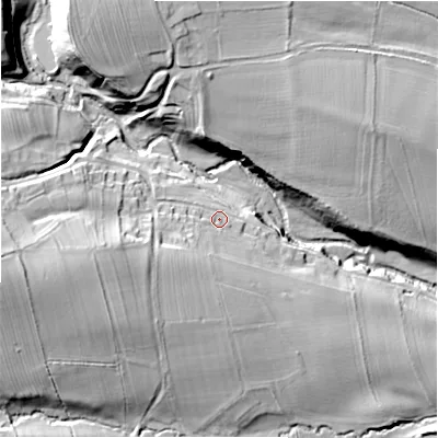 Shaded relief map of the ground around DL85RQ, computed from Environment Agency LiDAR. The ground here sits at about 106 m above sea level and falls 37 m across the surrounding 800 m. Surface water reaching this point runs off ground lying to the west-south-west, 16.8 m higher.