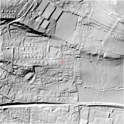 Shaded relief map of the ground around DL85SD, computed from Environment Agency LiDAR. The ground here sits at about 182 m above sea level and falls 51 m across the surrounding 800 m. Surface water reaching this point runs off ground lying to the west, 21.1 m higher.