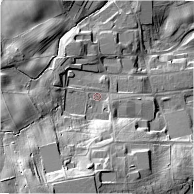 Shaded relief map of the ground around DL93LU, computed from Environment Agency LiDAR. The ground here sits at about 171 m above sea level and falls 43 m across the surrounding 800 m. Surface water reaching this point runs off ground lying to the south-south-west, 27.1 m higher.