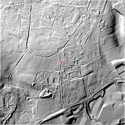 Shaded relief map of the ground around DL93PX, computed from Environment Agency LiDAR. The ground here sits at about 204 m above sea level and falls 47 m across the surrounding 800 m. Surface water reaching this point runs off ground lying to the south-west, 13.8 m higher.