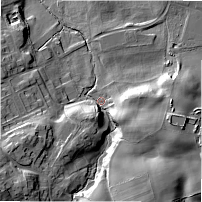 Shaded relief map of the ground around DL94LG, computed from Environment Agency LiDAR. The ground here sits at about 146 m above sea level and falls 37 m across the surrounding 800 m. Surface water reaching this point runs off ground lying to the south-west, 24.1 m higher.