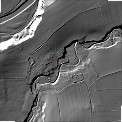Shaded relief map of the ground around DL94PE, computed from Environment Agency LiDAR. The ground here sits at about 88 m above sea level and falls 32 m across the surrounding 800 m. Surface water reaching this point runs off ground lying to the west, 21.6 m higher.