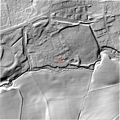 Shaded relief map of the ground around DL94WA, computed from Environment Agency LiDAR. The ground here sits at about 97 m above sea level and falls 28 m across the surrounding 800 m. Surface water reaching this point runs off ground lying to the north-west, 9.3 m higher.