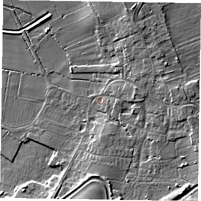 Shaded relief map of the ground around DN104AJ, computed from Environment Agency LiDAR. The ground here sits at about 5 m above sea level and falls 12 m across the surrounding 800 m. Surface water reaching this point runs off ground lying to the east, 4.4 m higher.