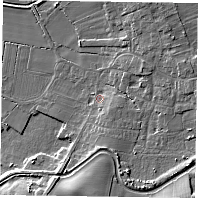 Shaded relief map of the ground around DN104AN, computed from Environment Agency LiDAR. The ground here sits at about 6 m above sea level and falls 16 m across the surrounding 800 m. Surface water reaching this point runs off ground lying to the south-east, 3.8 m higher.