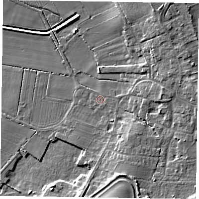 Shaded relief map of the ground around DN104AS, computed from Environment Agency LiDAR. The ground here sits at about 5 m above sea level and falls 12 m across the surrounding 800 m. Surface water reaching this point runs off ground lying to the south-south-east, 7.3 m higher.
