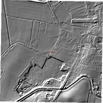 Shaded relief map of the ground around DN104AT, computed from Environment Agency LiDAR. The ground here sits at about 5 m above sea level and falls 16 m across the surrounding 800 m. Surface water reaching this point runs off ground lying to the south-east, 1.6 m higher.