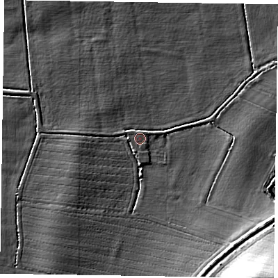 Shaded relief map of the ground around DN104AU, computed from Environment Agency LiDAR. The ground here sits at about 4 m above sea level and falls 19 m across the surrounding 800 m. Surface water reaching this point runs off ground lying to the south-east, 7.4 m higher.