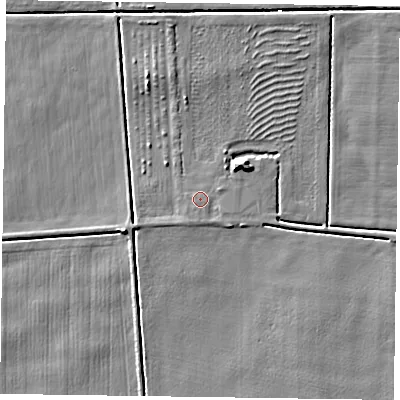 Shaded relief map of the ground around DN104AX, computed from Environment Agency LiDAR. The ground here sits at about 3 m above sea level and falls 7 m across the surrounding 800 m. Surface water reaching this point runs off ground lying to the south-east, 1.0 m higher.
