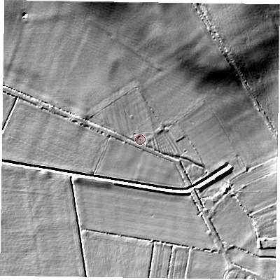 Shaded relief map of the ground around DN104AY, computed from Environment Agency LiDAR. The ground here sits at about 4 m above sea level and falls 18 m across the surrounding 800 m. Surface water reaching this point runs off ground lying to the north, 14.3 m higher.