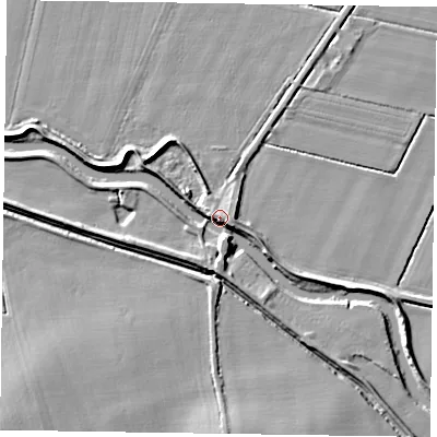 Shaded relief map of the ground around DN104BA, computed from Environment Agency LiDAR. The ground here sits at about 6 m above sea level and falls 9 m across the surrounding 800 m. Surface water reaching this point runs off ground lying to the south, 4.2 m higher.