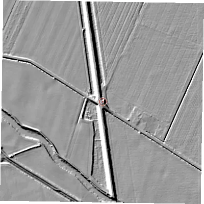 Shaded relief map of the ground around DN104BB, computed from Environment Agency LiDAR. The ground here sits at about 6 m above sea level and falls 6 m across the surrounding 800 m. Surface water reaching this point runs off ground lying to the south, 4.2 m higher.